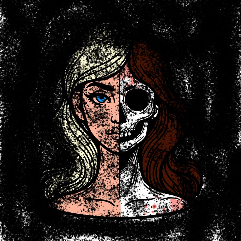 bust of a woman, half face and hair, half skull