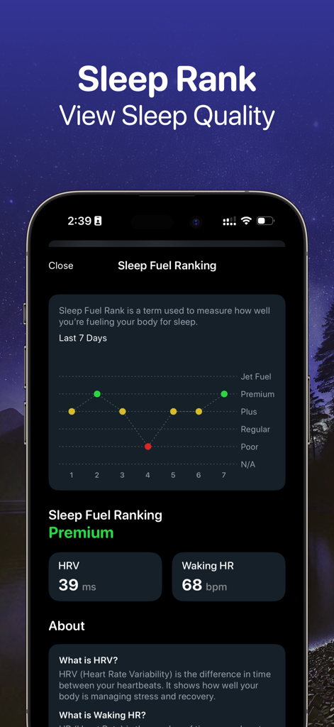 SleepMinder: Ai Sleep Tracker - Sleep Fuel Ranking screen in SleepMinder showing a 7-day sleep quality chart and HRV metrics.