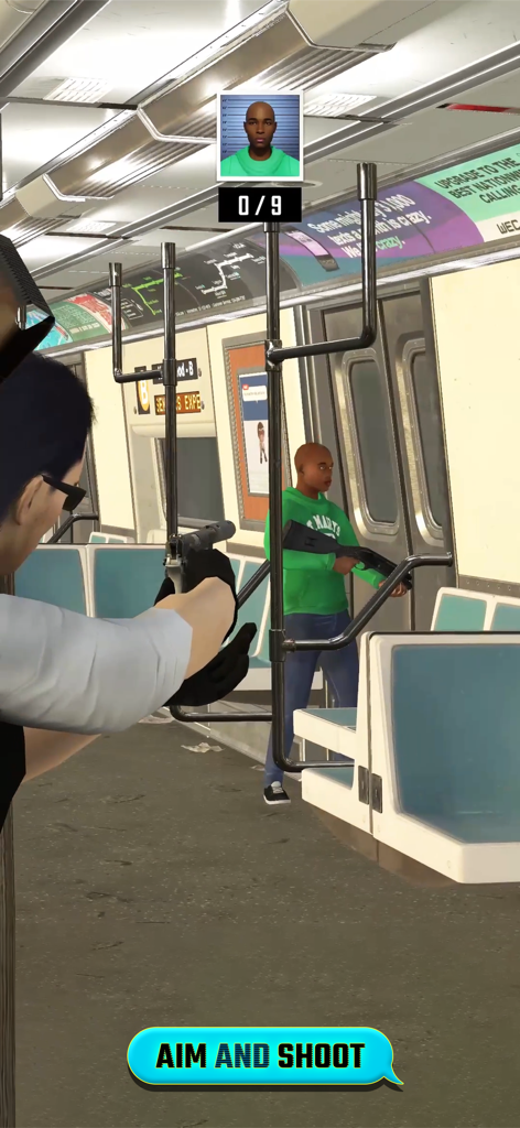 Agent aiming a silenced pistol at a target inside a subway train in Agent Hunt