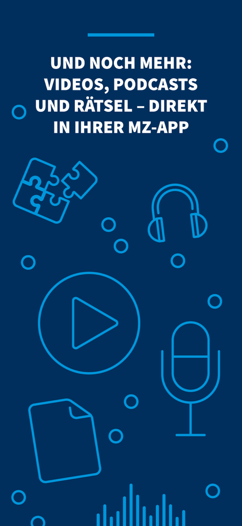 MZ - Écran de l'application Mitteldeutsche Zeitung mettant en évidence les fonctionnalités multimédias telles que les vidéos, les podcasts et les puzzles avec des icônes de ligne