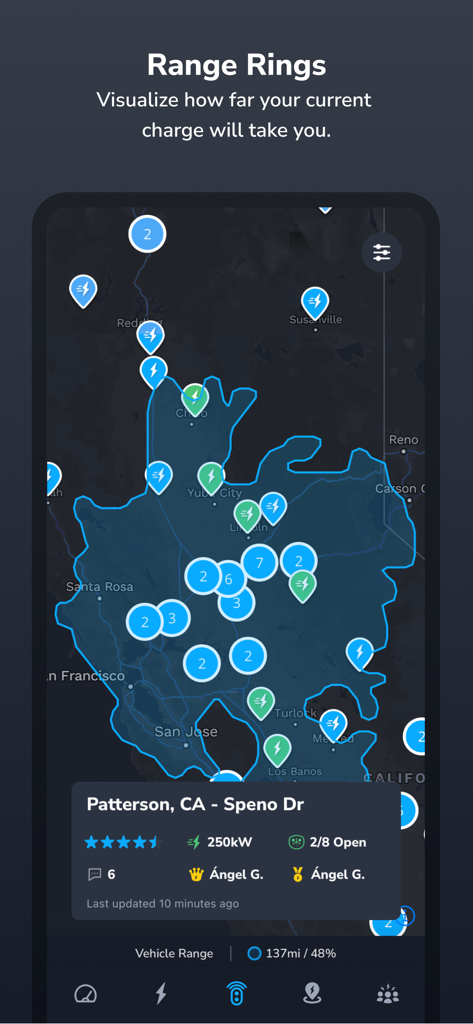 TezLab - For Tesla/Rivian - TezLab app displaying range rings on a map to visualize current Tesla or Rivian driving distance