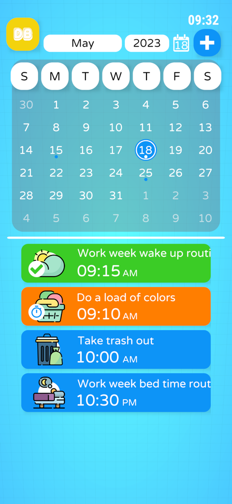 Daily Buddy - Interfaz de la aplicación Daily Buddy que muestra un calendario mensual y una lista de rutinas diarias y tareas para el apoyo a la vida independiente