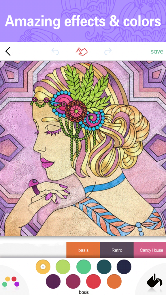 Colors-Recolor Book Colorfy - Una página para colorear digital de una mujer con decoraciones florales en el cabello siendo coloreada en una aplicación móvil.