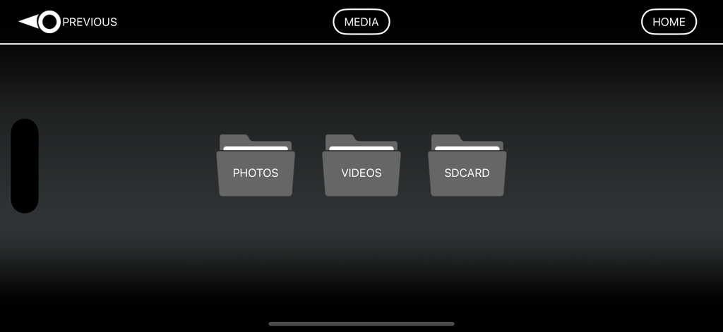 Media gallery screen of the VA-1000 drone app showing folders for photos videos and SD card files