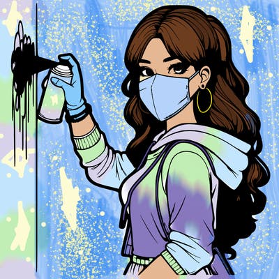 realistic girl with mask spray painting a wall