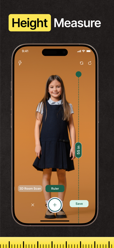 MetrixアプリがARルーラーテクノロジーを使用して子供の身長測定を表示している様子