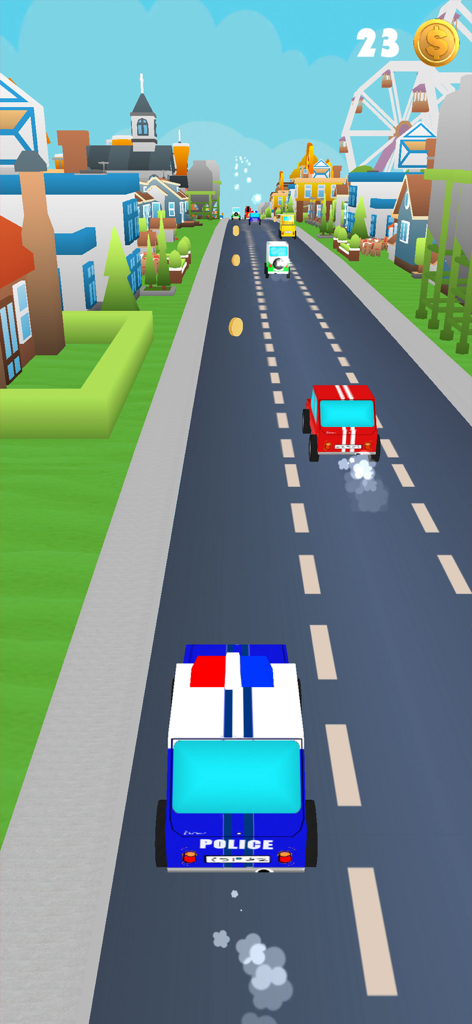 Un coche de policía de dibujos animados compitiendo en una calle de una ciudad colorida