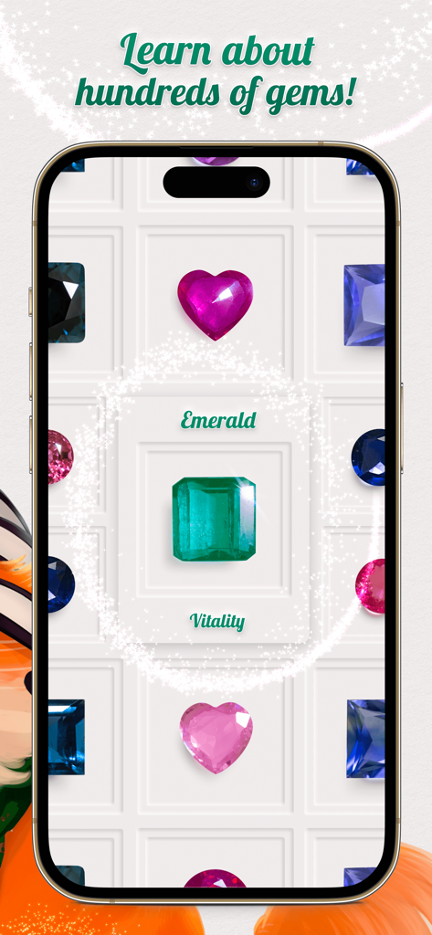 Dazzly Match: Diamond Sort - A mobile screen from Dazzly Match showing an emerald gem with the label Vitality.