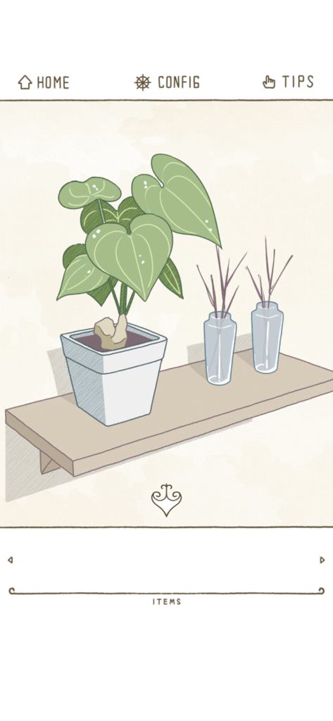 Ilustración suavemente dibujada a mano de una planta en maceta y dos jarrones de cristal sobre una estantería de madera