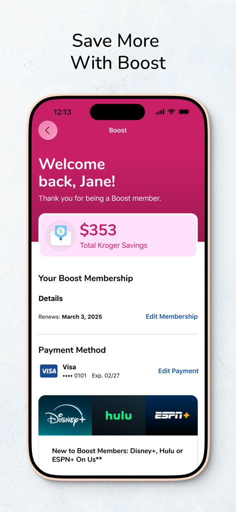 Kroger app screen displaying Boost membership savings and entertainment perks