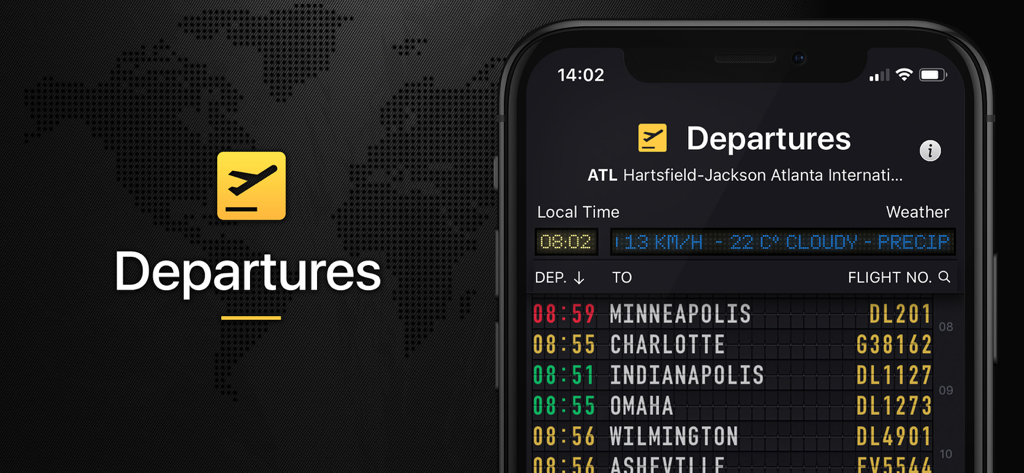 Flight Board - Smartphone screen displaying airport departures on the Flight Board app