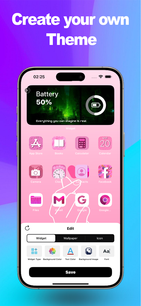 Kpop Themes & Widgets - Una pantalla de iPhone que muestra el editor para crear un tema K-pop rosa personalizado con iconos y widgets a juego.