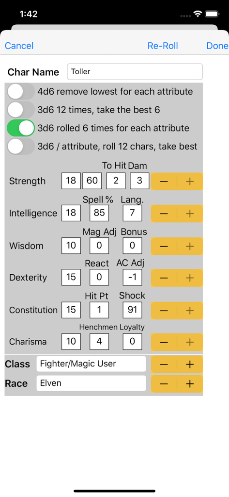 Character Gen for 1st Ed DnD - 1st Edition DnD character creation screen showing attribute scores and rolling methods