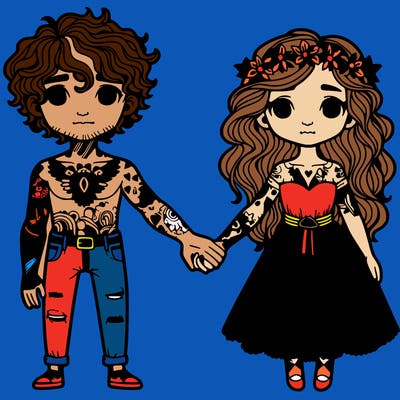 couple holding hands the guy has tattoos the girl doesn’t the guy has fluffy hair and the girl has curly hair