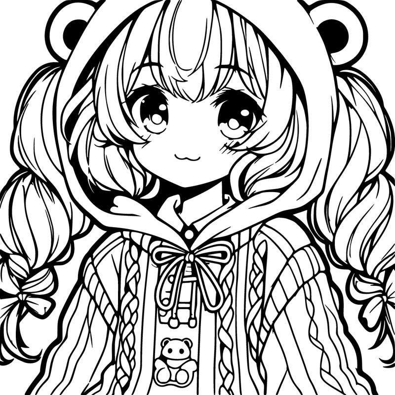 anime girl with pigtails with bear hoodie and sweater
