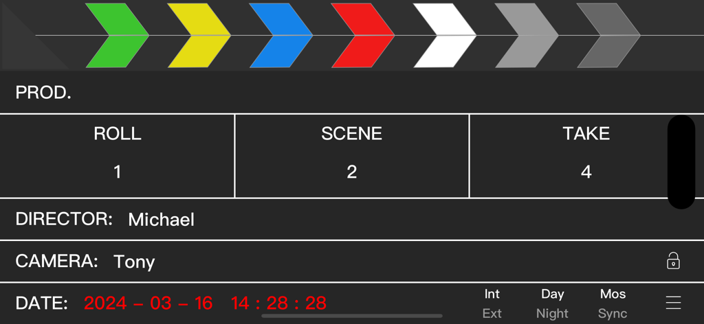 Digital film clapperboard interface showing fields for roll scene take director and camera