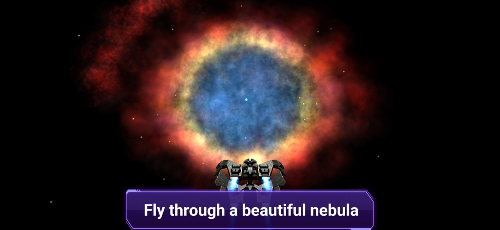 Galaxy Map - A view from behind a spaceship as it flies toward a massive glowing blue and orange nebula in space