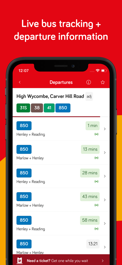 Carousel: High Wycombe buses - Carousel Buses app interface showing live bus departure times for Carver Hill Road in High Wycombe.