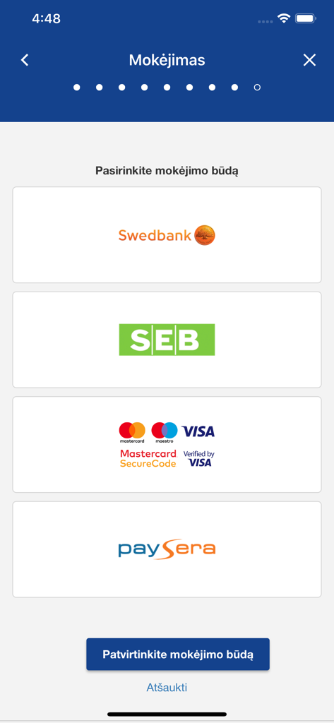 e.Ticket Klaipėda - The payment method selection screen of the e.Ticket Klaipeda app showing options for Swedbank, SEB, credit cards, and Paysera.