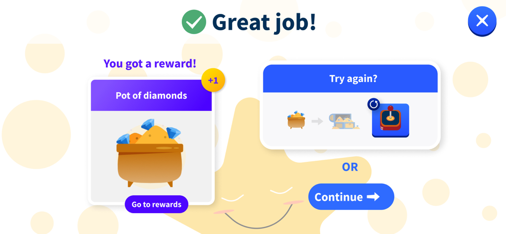 Schermata delle ricompense nell'app Pearson English Portal che mostra una pentola di diamanti e un messaggio 'Ottimo lavoro'