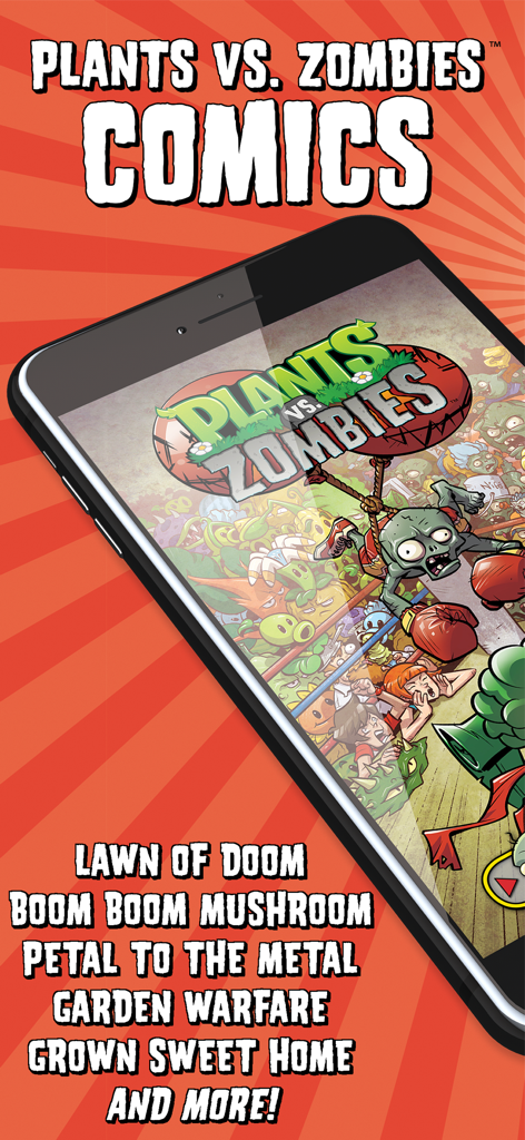 Plants vs Zombies Comics app showing digital graphic novel titles and comic book art on a smartphone screen
