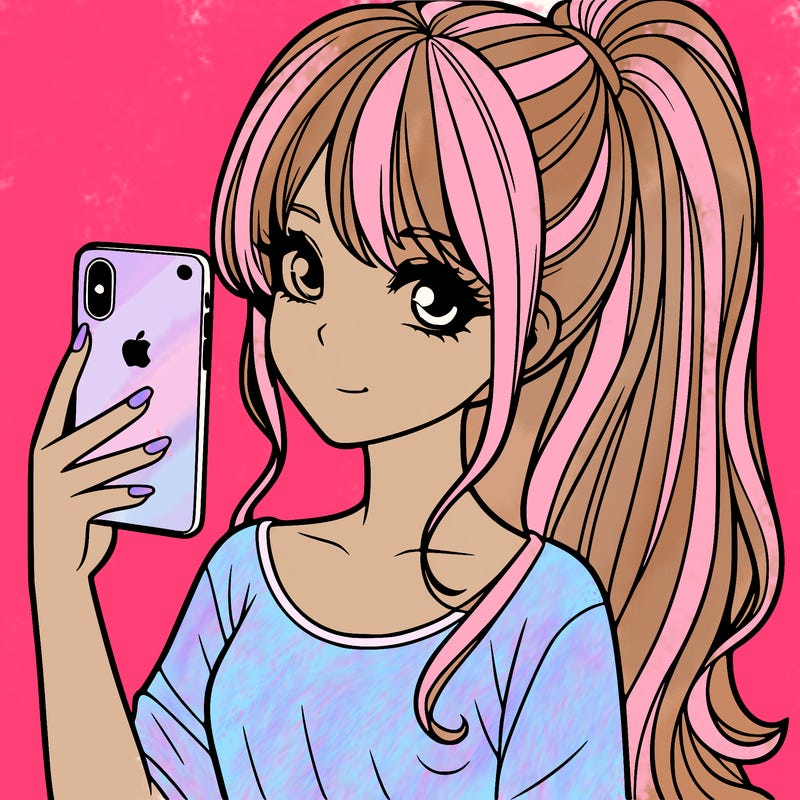 a realistic girl with a pony tail and a iphone