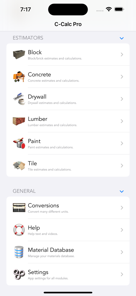 Construction Calc Pro 2 - Interface of the Construction Calc Pro 2 app showing material estimators for block, concrete, drywall, lumber, paint, and tile.