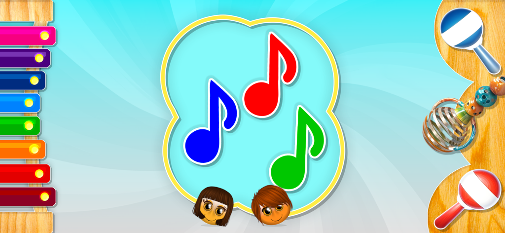 ABCs Song - Interface d'application colorée pour tout-petits présentant des notes de musique, un xylophone et des maracas pour apprendre des chansons