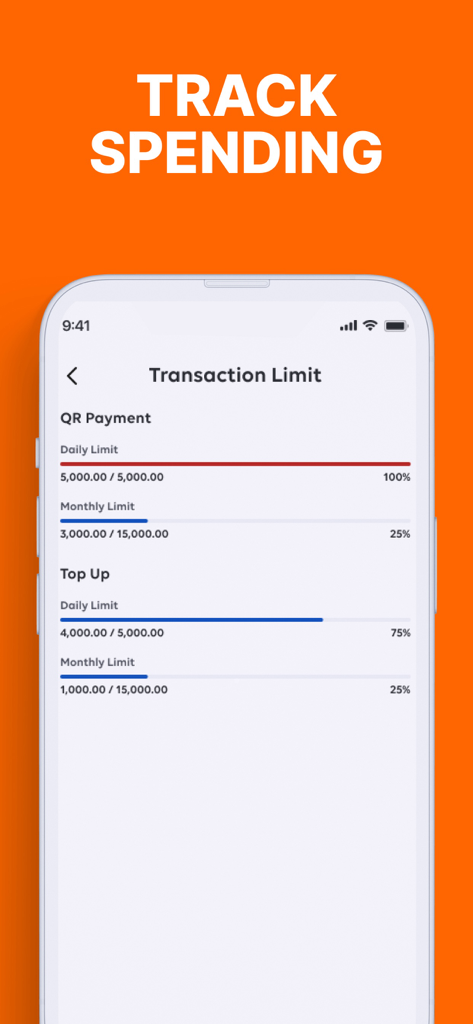 Global Junior - Global Junior 앱 화면, QR 결제 및 계정 충전에 대한 거래 한도 표시
