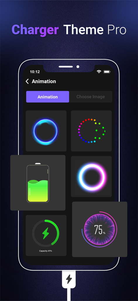 Una interfaz de aplicación móvil que muestra una variedad de temas de animación de carga de neón y 3D para iPhone