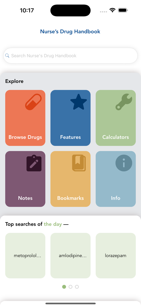 Pantalla de inicio de la aplicación Nurse's Drug Handbook con una barra de búsqueda y mosaicos de acceso rápido para explorar medicamentos, calculadoras y marcadores.