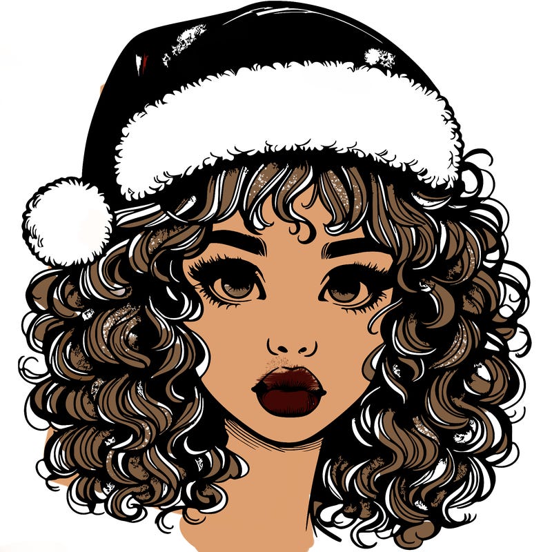 realistic girl with a santa hat curly hair and lips