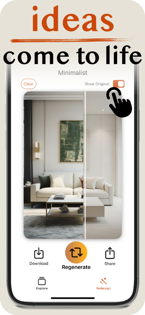 Home Design AI: Renova AI - Smartphone screen showing the Renova AI app with a minimalist living room redesign and comparison feature