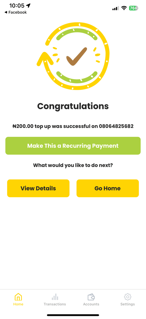Baxi Mobile - Success screen on Baxi Mobile app confirming a 200 Naira top up for a Nigerian phone number