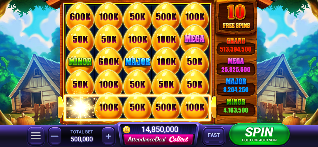 Golden egg bonus screen in Rock N' Cash Casino slot game showing jackpot rewards and free spins