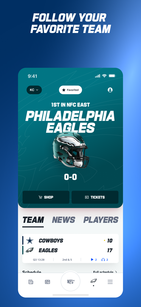 Interfaz oficial de la app de la NFL que muestra la página del equipo de los Philadelphia Eagles y los marcadores en vivo