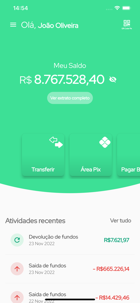 Parcele Já - Conta digital - Interface do aplicativo móvel do Parcele Ja mostrando saldo da conta e transações financeiras recentes em português