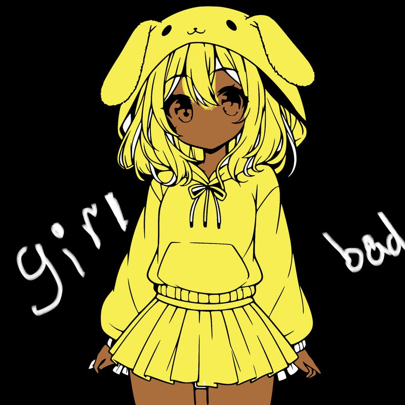 pretty anime girl wearing a fluffy hoodie with bunny ears on the hood and a skirt