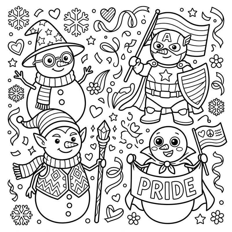 Join a delightful parade of character snowmen as they spread joy and celebrate Pride Month in this unique coloring page. Express your creativity and fill this vibrant scene with all the colors of the rainbow, embracing love and diversity.