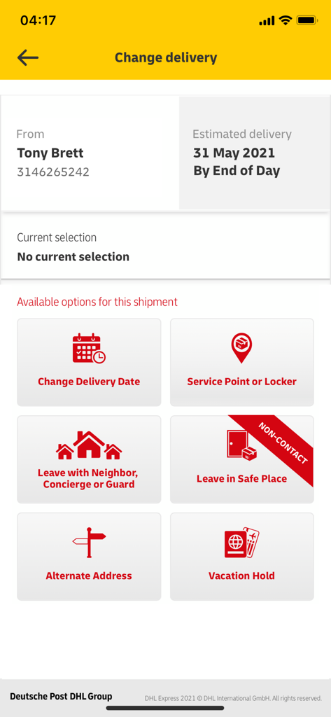 DHL Express app screen showing flexible delivery management options including changing date and location.