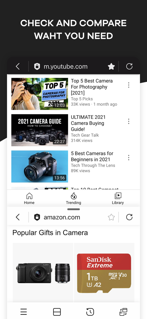 Split Screen - Multitasking - Una interfaz móvil que muestra una pantalla dividida con videos de YouTube en la parte superior y productos de Amazon en la inferior para comparar compras.
