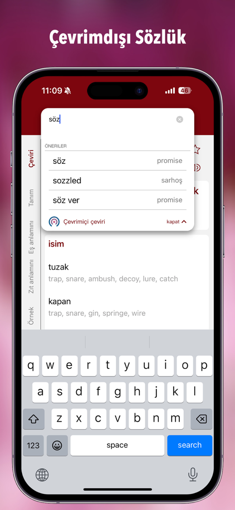 Interfaz de búsqueda del diccionario turco-inglés sin conexión que muestra sugerencias de palabras y traducciones.