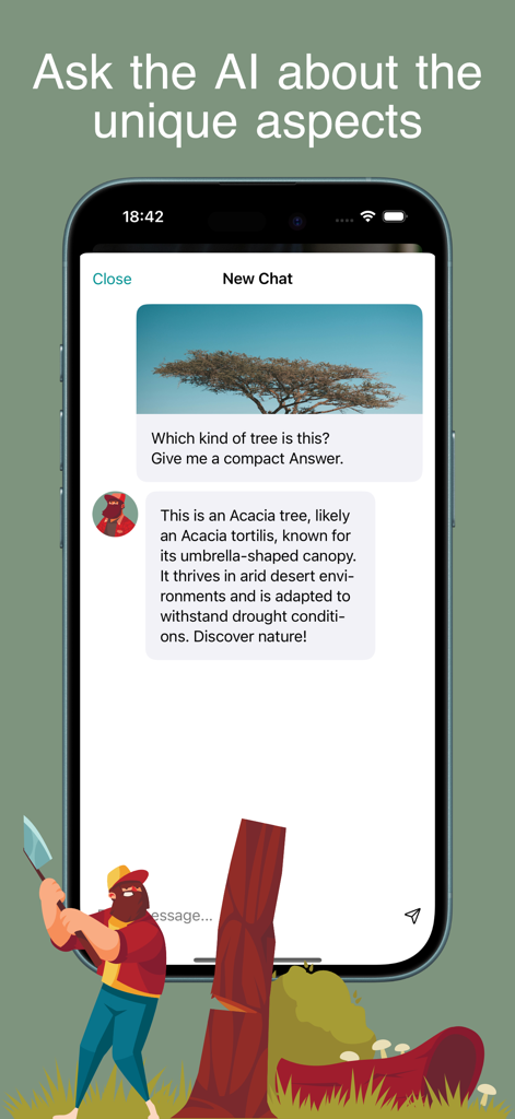 Smartphone screen displaying an AI chat identifying an Acacia tree.
