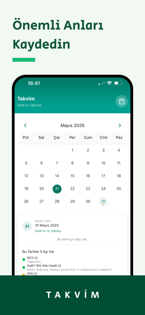 Babysfer | Bebek & Hamilelik - Babysfer app calendar interface in Turkish showing a baby vaccination schedule and important dates for parenting.