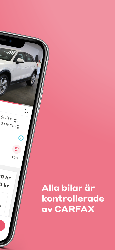 A smartphone displaying a white SUV car listing on the Wayke app with a notification that all cars are checked by Carfax