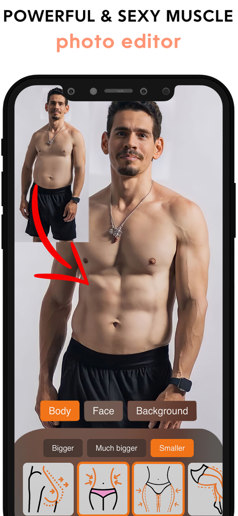 Face & Body Editor: Retouch Do - Comparación de antes y después de un torso masculino mostrando definición muscular y de abdominales usando la aplicación de edición de fotos Retouch Do