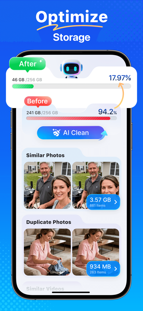 Tidyfoto: Clean Up Storage - Tidyfoto app interface showing storage optimization before and after AI cleaning of similar and duplicate photos