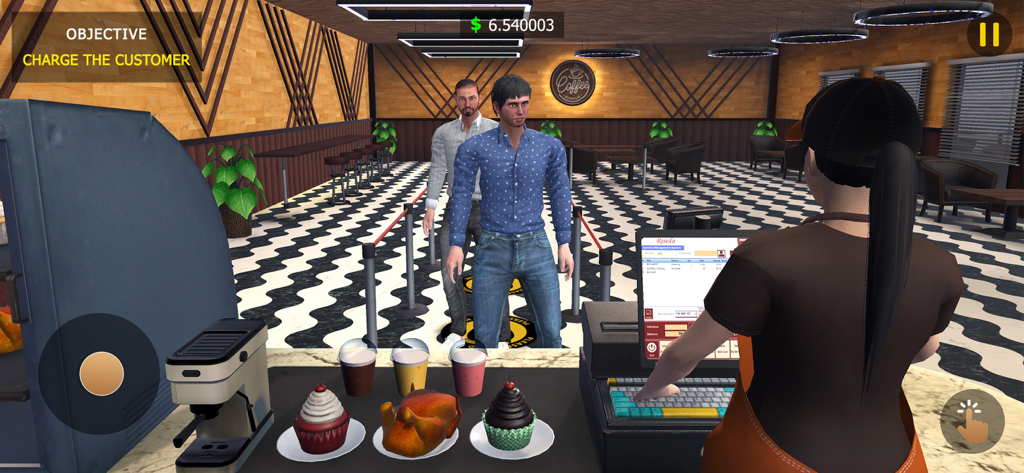 Coffee cafe Tycoon simulator - First-person view of a cashier serving customers at the counter of a coffee shop simulator