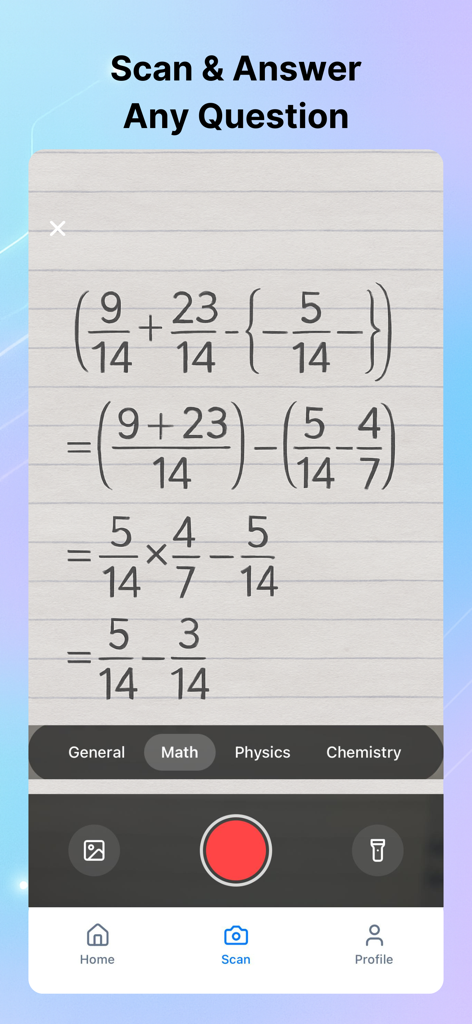 Study AI: Your Smart Companion - Oberfläche der Study AI App, die einen Scan einer handschriftlichen Matheaufgabe mit Optionen für Physik und Chemie zeigt.
