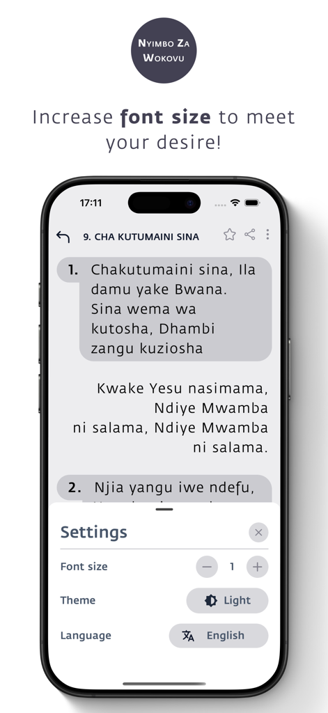 Nyimbo za Wokovu (MPYA) - Settings screen in the Nyimbo za Wokovu app showing font size and theme options